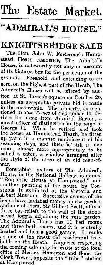 Advert for the sale of Admiral's House in 1925