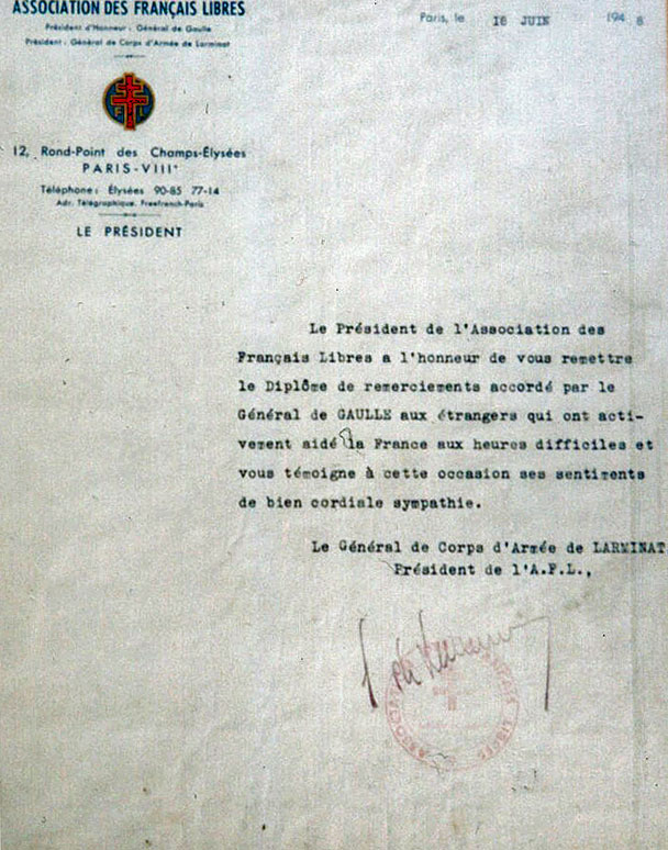 Letter on rear of certificate